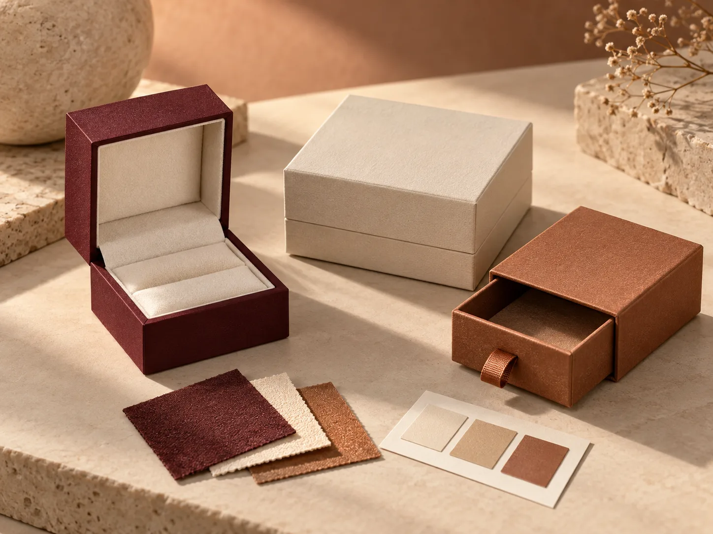 Illustrative jewelry packaging prototypes and material swatches